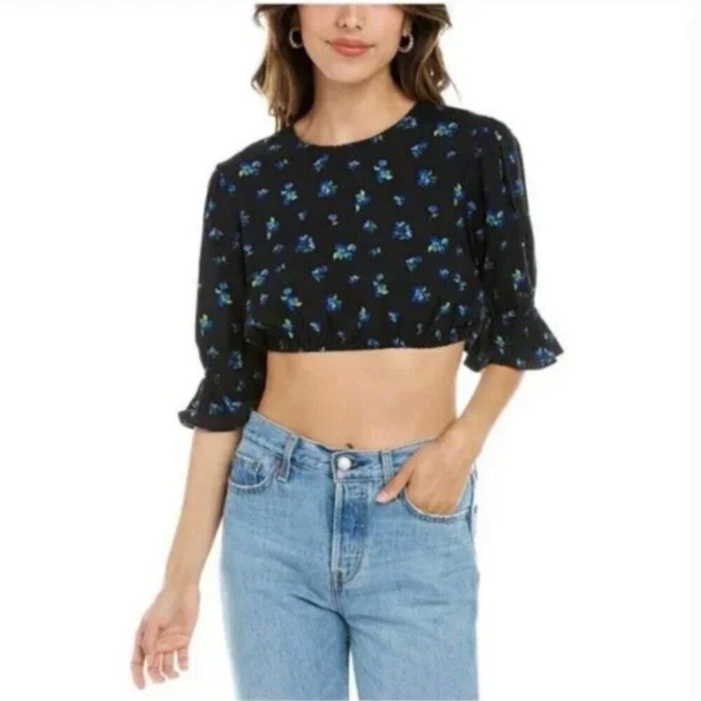 WeWoreWhat Floral Ruffle Blouse Watercolor Ditsy Blue Top Size Medium